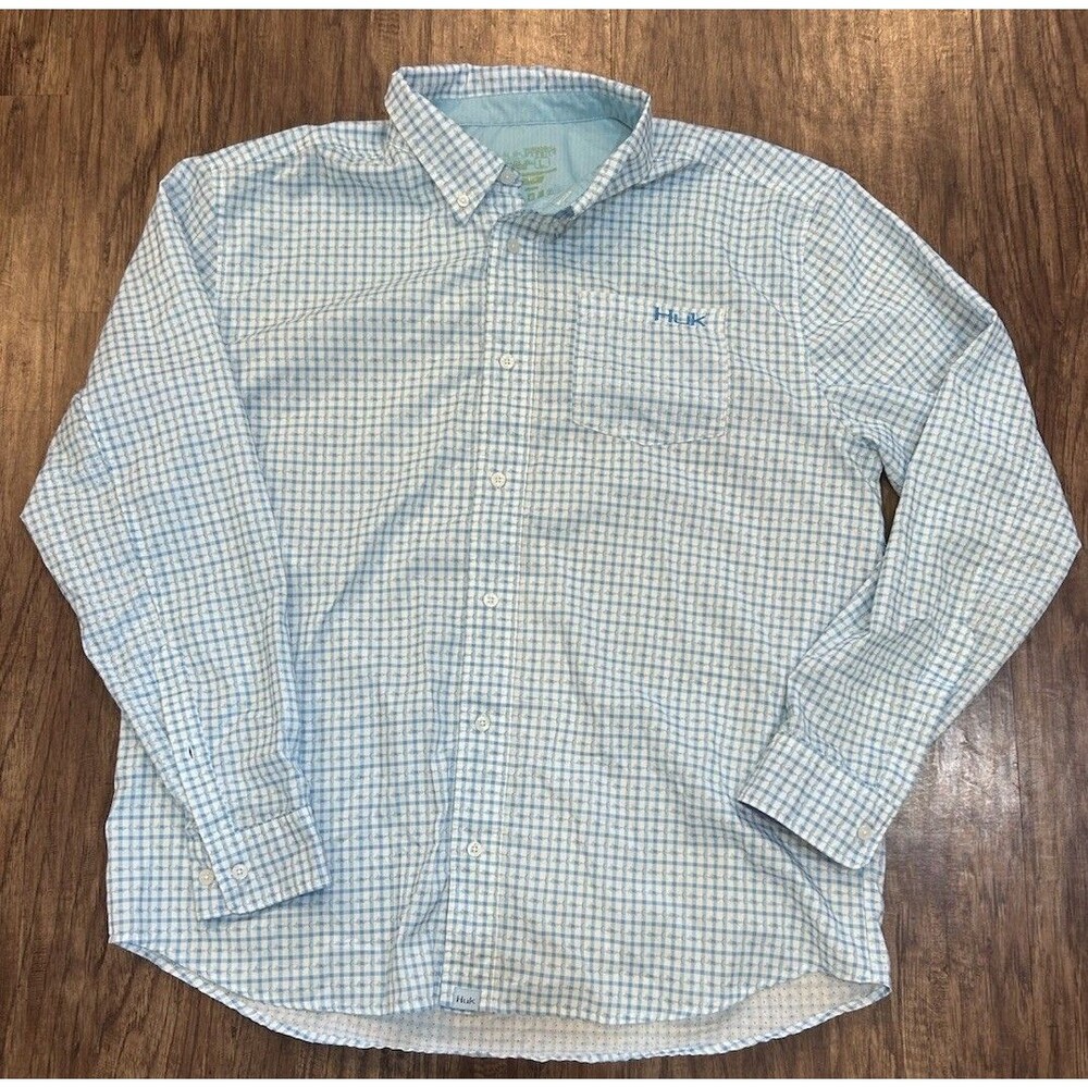 Huk Performance Fishing Tide Point Fish Plaid Blue LS Button Up Shirt Sz L